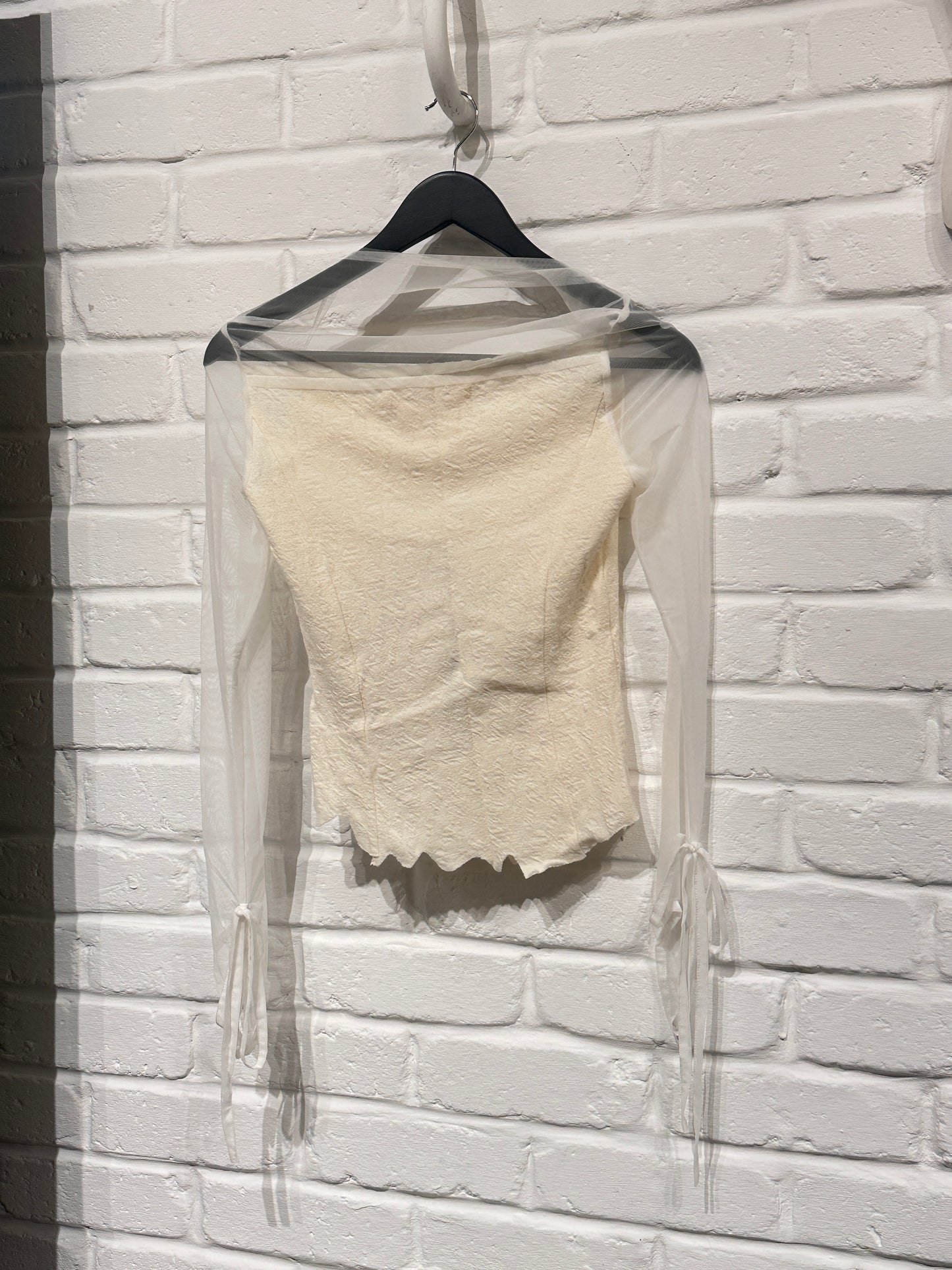 By Cookie H. Ivory Textured wool knit blouse with tulle sleeves