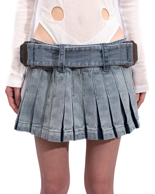 Dion Lee - Belted Pleated Denim Mini Skirt