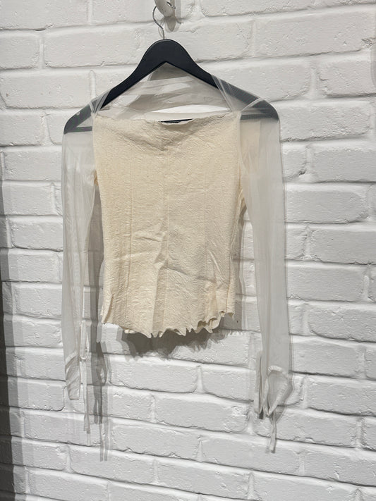 By Cookie H. Ivory Textured wool knit blouse with tulle sleeves