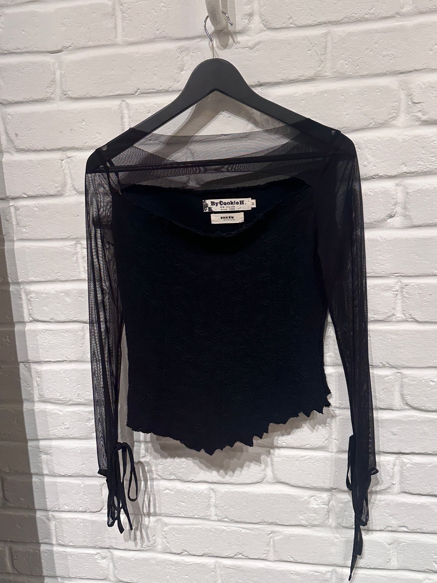 By Cookie H. Textured wool knit blouse with tulle sleeves