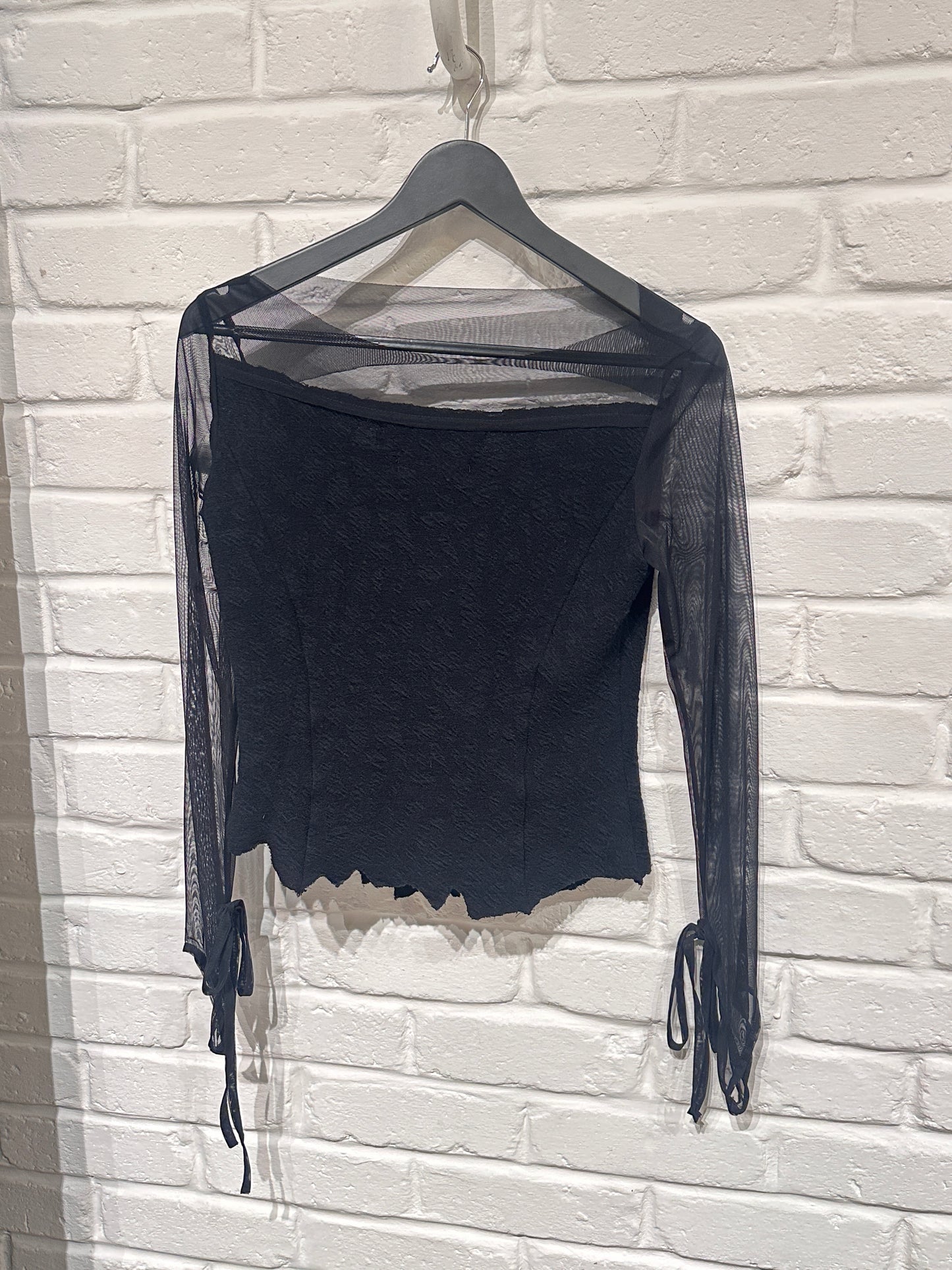 By Cookie H. Textured wool knit blouse with tulle sleeves